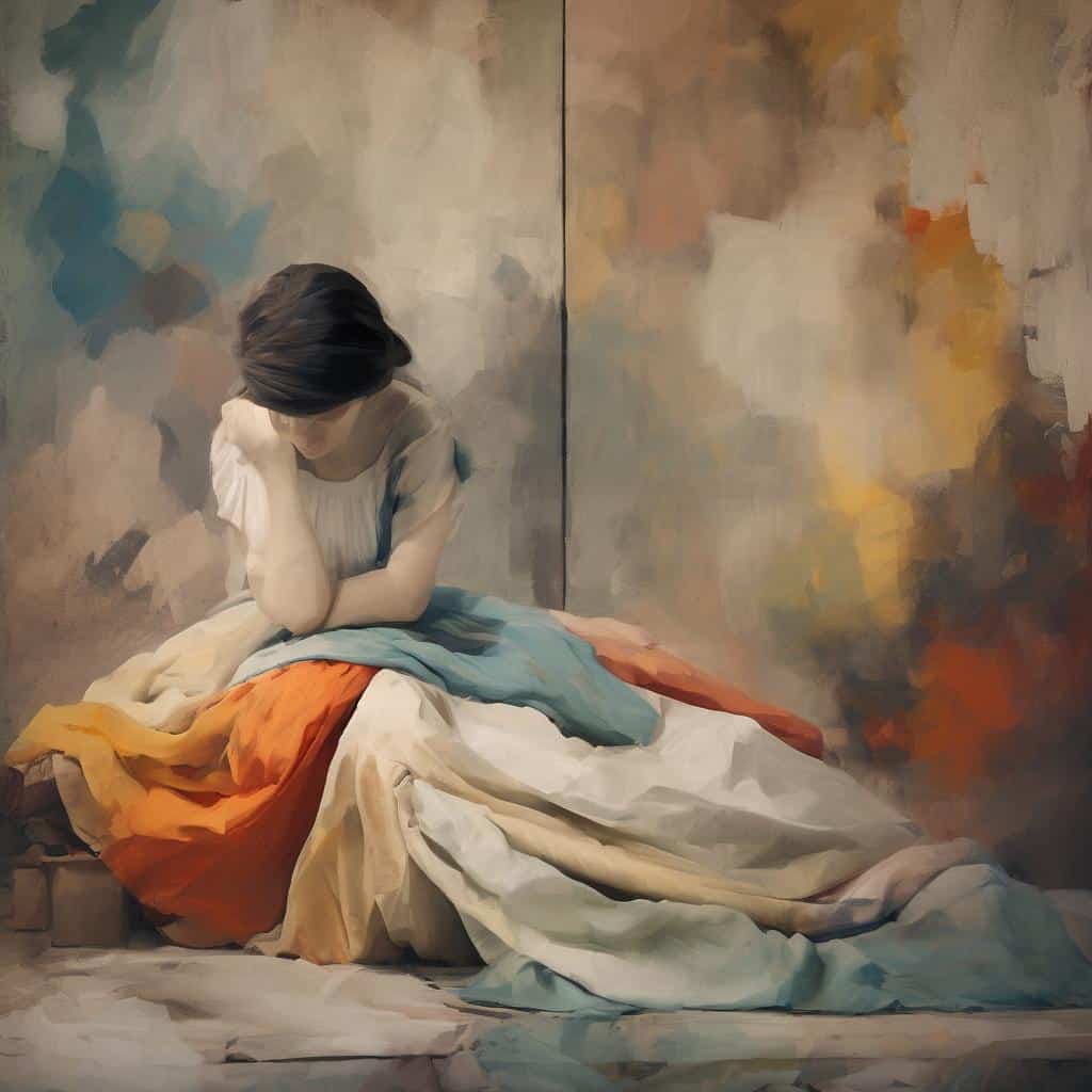 Κορίτσι που κάθεται σε καφάσι, με ήρεμη και ισορροπημένη αισθητική, σε μια ζωγραφική σύνθεση με αρμονία χρωμάτων και μορφών, αντικατοπτρίζοντας την ομορφιά της αισθητικής ισορροπίας.