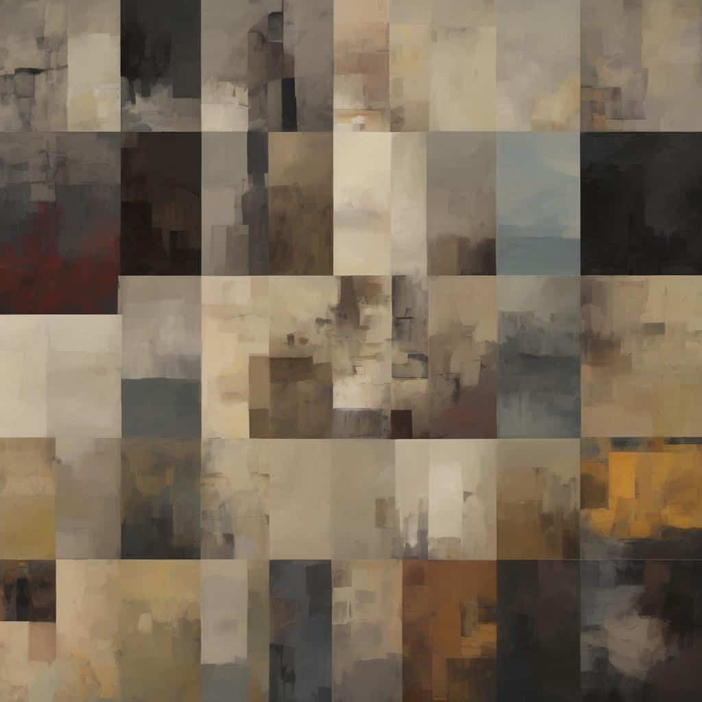 Παλιά, γήινα χρώματα, ισορροπημένη σύνθεση, αρμονία σχημάτων και χρωμάτων, η αισθητική της ισορροπίας σε σύγχρονη τέχνη.