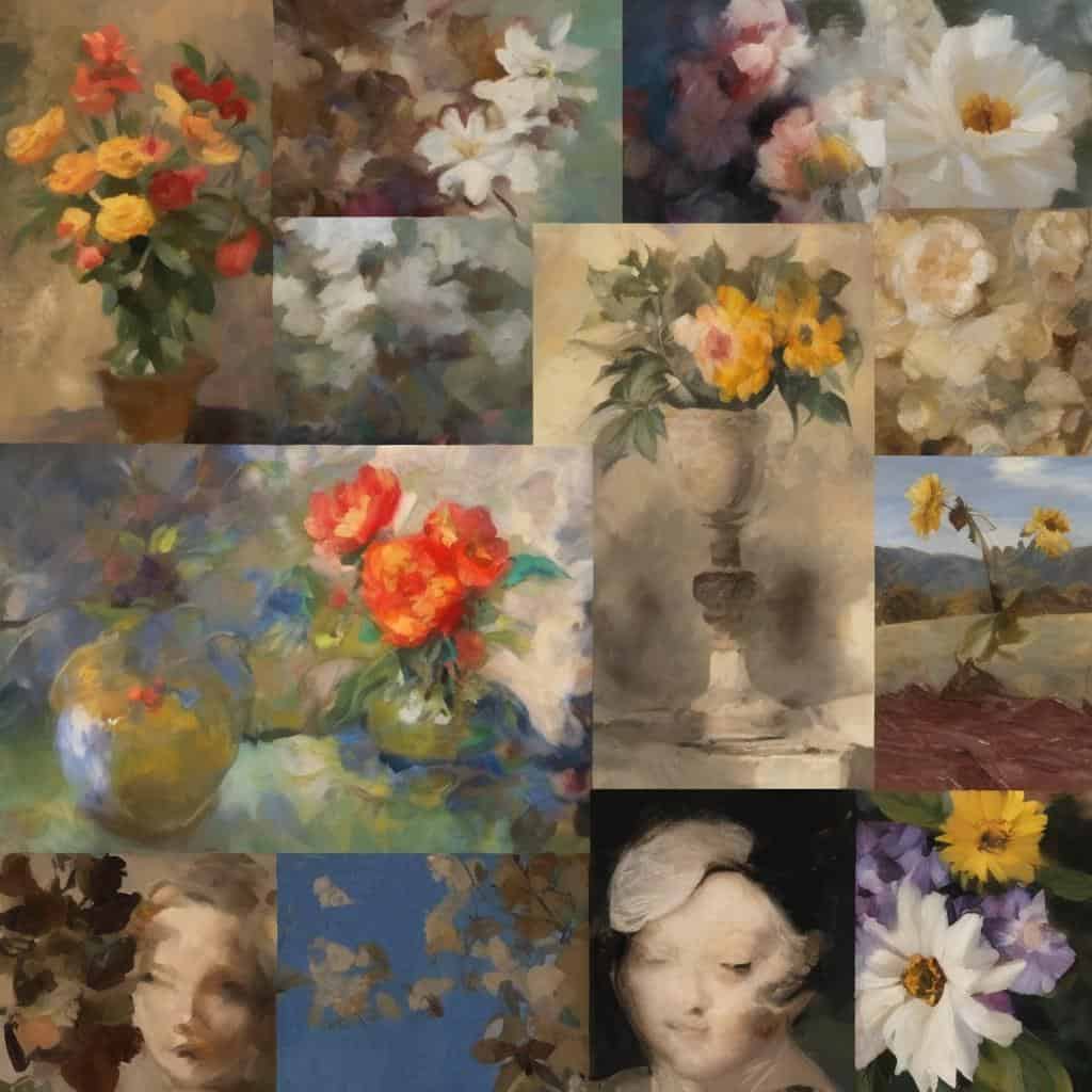 Λιμνη ζωγραφική με ανθισμένα λουλούδια και πορτρέτα, αναδεικνύοντας την αισθητική της ισορροπίας και την ομορφιά της φύσης.